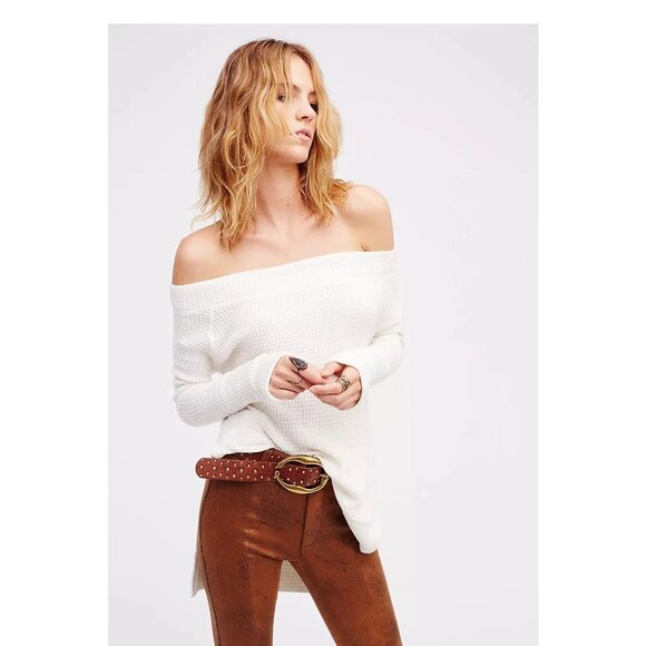 Free People Kate Thermal Waffle Tunic Sweater Off The Shoulder Top Sea Mist Sz S - Picture 6 of 9